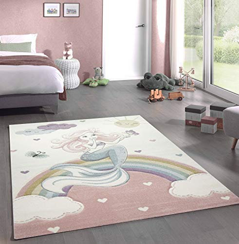 CARPETIA Kinderteppich Spielteppich Babyteppich Meerjungfrau Prinzessin Pastell rosa Größe 160x230 cm