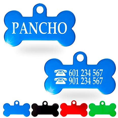 Ibera Gifts - Chapa Perro Grabada en Forma de Hueso para Perros y Gatos Pequeños a Medianos, Placa Perro Personalizada, Aluminio Brillante, Tamaño 30 x 15 mm (Azul)