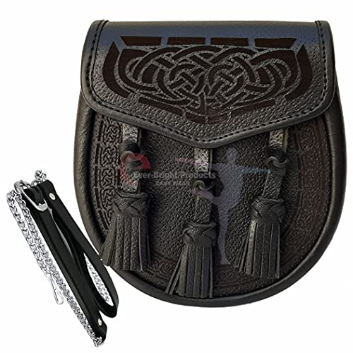 Schottischer Kilt-Sporran, 100% echtes Leder, Knoten, Quasten, Sporran, Schwarz, Standard