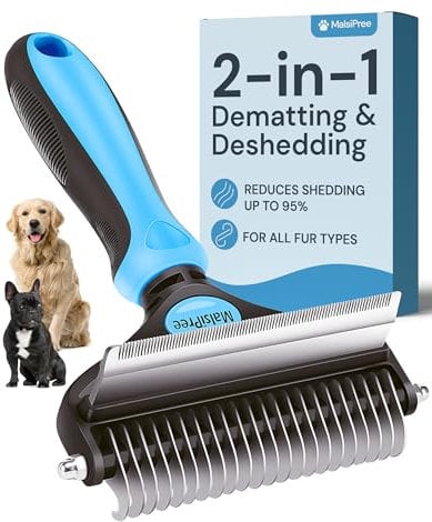 MalsiPree Dog Grooming Brush for Shedding - 2 in 1 Deshedding Tool and Undercoat Rake - Long and Short Haired Dog Brush, Cat Brush - Dematting Comb and Dog Brushes for Shedding (Large, Blue)