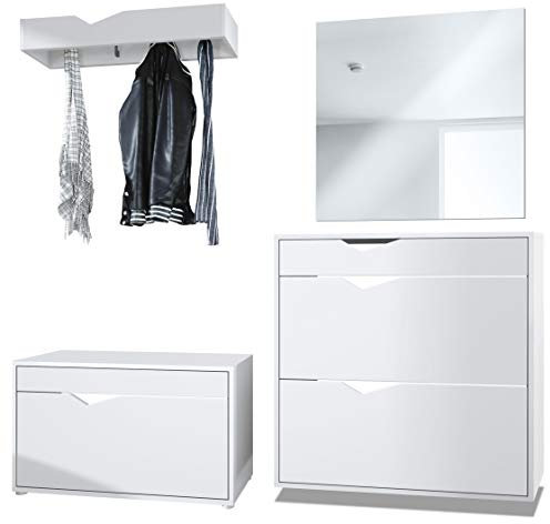 Vladon Ensemble Vestiaire Kolmio 190 x 185 x 33 cm portemanteau de Couloir, Caisson en Blanc Mat, façades en Blanc Mat | Grand Choix de Couleurs