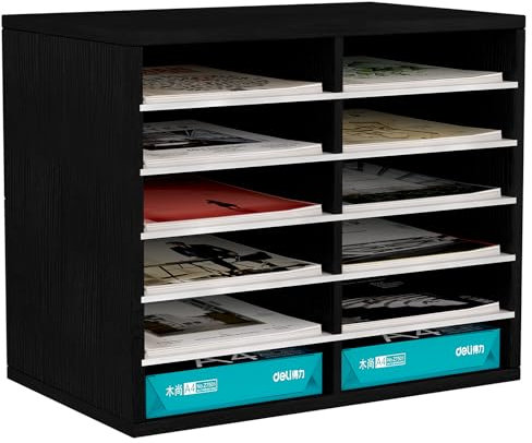 EasyPAG 12 Fächer Holz A4 Büro Schreibtisch Organizer Dokumentenhalter Aktenablage Zeitschriftenhalter Briefablage Papier Magazin Organisator,Schwarz