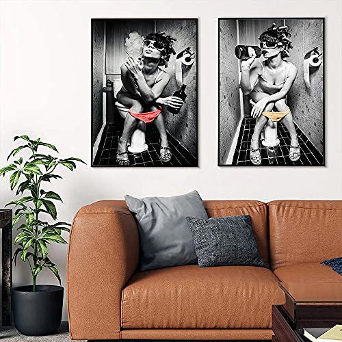 Affiche Vintage femme fumant sur les toilettes toile peinture impression femme buvant impression rétro mur art pour toilette décoration club sans cadre-40X50cmX2