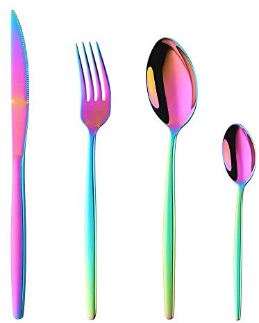 YDware Besteck Bunt Besteck set 4-teilige Edelstahl Gabeln Löffel Teelöffel Steakmesser für 1 Personen Cutlery Set für Haus Küche Restaurant