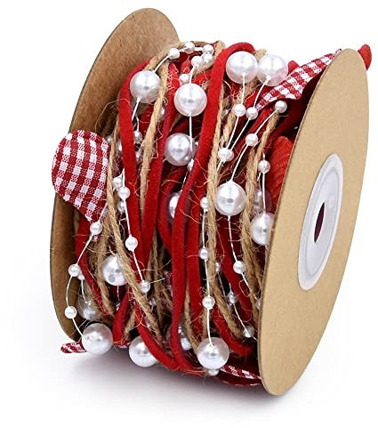 Duories 5m Perlengirlande mit Liebe Karoband,8+3mm Perlenband,Geschenkband,Schleifenband,Dekoband Hängedeko Tischdeko Dekokette für Hochzeit Weihnachten Valentinstag Taufe Geburtstags Geschenke,Rot