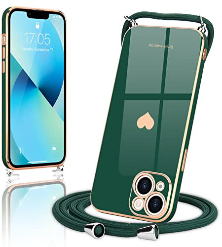 Wirvyuer Coque avec Cordon pour iPhone 13, Ultra Mince Silicone Souple Étui en Motif Coeur avec Chaîne Collier Réglable Téléphone Portable Lanyard Case iPhone 13 Vert