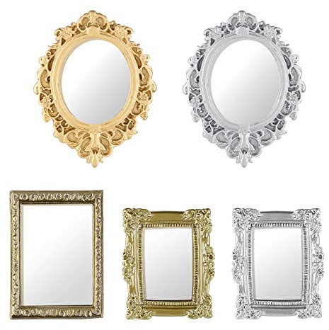 cobee Dollhouse Miniature Mirror Set, 5 Pieces Mini Dollhouse Mirror 1:12 Miniatures Mirror Dollhouse Furniture Accessories Mini Wall Mirror for Dollhouse Study Room Bedroom