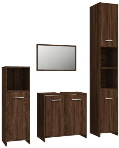 vidaXL Badmöbel Set 4 TLG., Badezimmermöbel mit Hochschrank Waschbeckenunterschrank Badspiegel, Badschrank mit viel Stauraum, Waschtischschrank Badezimmermöbel, Braun Eichen Optik Holzwerkstoff
