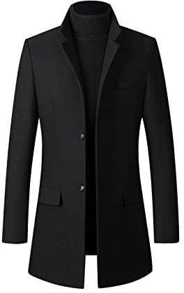 Liebeimmer Men's Classic Single Breasted Woolen Pea Coat Mid Long Trench Coat Gentleman Notched Collar Stylish Business Overcoat,Shipping 7 Days Black