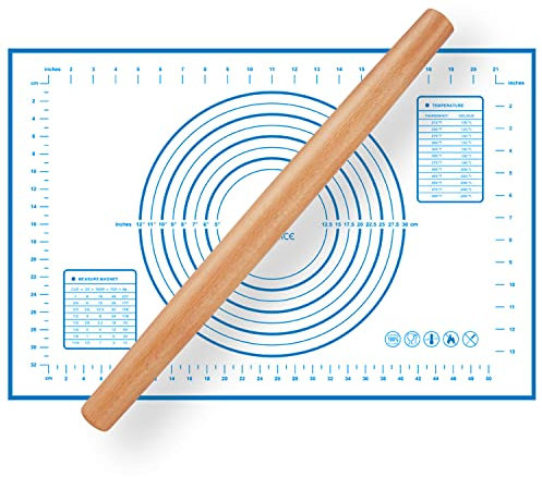 QUELLANCE Mattarello francese in legno di faggio con tappetino in silicone, blu