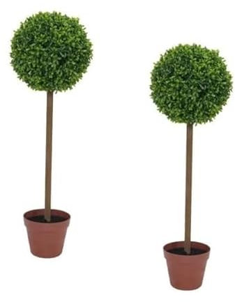 Pair of Artificial Box Topiary Ball Trees in Weighted Plastic Terracotta Pots 80cm