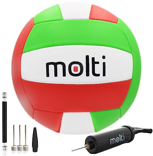 molti Volleyball-Set Ball in Größe 5 +Ballpumpe Handpumpe Luftpumpe mit flexiblem Schlauch und 3 Nadeln Beachvolleyball Freizeitspielball Indoor & Outdoor (Grün-Rot-Weiß)