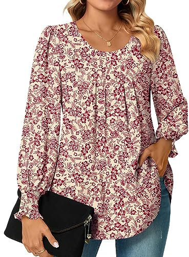 Bestbee Womens Long Sleeve Tunic Tops Dressy Chiffon Blouses Crew-Neck Smocked Cuffs Sleeve Shirts Casual T-Shirts Ladies Pleated Tops, Beige+deep Red Flower, L