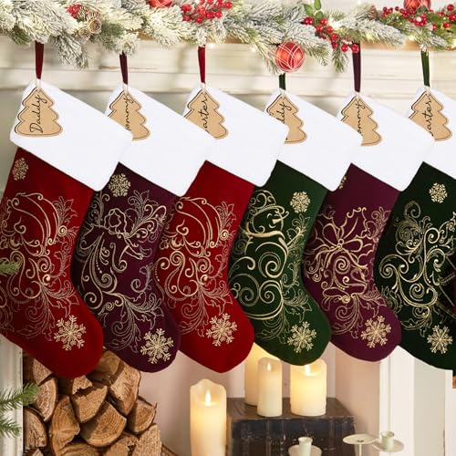 Flycalf Weihnachtsstrümpfe, Samt, 6 Stück, Stickerei, klassisch, luxuriös, Familienornament, große Kaminstrümpfe, Dekoration, Zuhause, Weihnachtsbaum, hängende Feiertage, Party für Kinder,