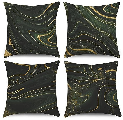 ASDCXZ Marmor Kissenbezug 45x45 cm 4er Set, Modern Dunkelgrün Schwarz Gold Marmor Optik Sofa Dekokissen Kissenbezüge Kissenhülle Waschbar Polyester Flachs Textil Polster Kopfkissenbezug Kissen Bezug