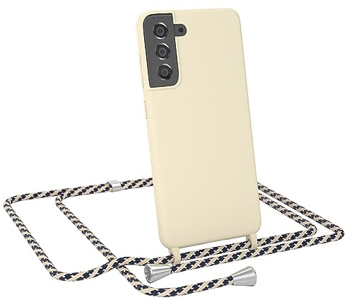 EAZY CASE - Handykette austauschbares Band - kompatibel mit Samsung Galaxy S21 FE 5G Silikon Necklace(abnehmbar),Stoßdämpfung bei Sturz, Taupe mit Taupe/Blau Camouflage Clip Silber