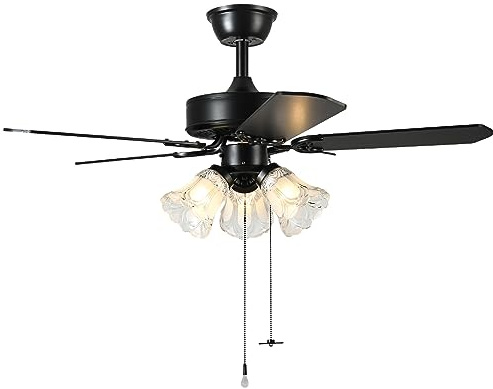 TWLITE 42 Inch Indoor Ceiling Fan with Pull-Chain and Three LED Light Bulbs Base, Traditional 3-Speeds Reversible Blades Ceiling Fan (Black)