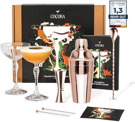 Cocora Martini-Set | 8-teiliges Cocktail-Set aus Edelstahl | Cocktail Shaker | Martini Cocktail Gläser Coupe | Cocktail Buch | Luxuriöse Geschenkverpackung (Rose)