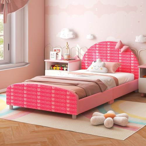 COSTWAY 140 x 70cm Kinderbett, Babybett Montessori mit weichem Kopfteil & Lattenrost, Einzelbett Bettgestell Jugendbett für Jungen und Mädchen bis 8 Jahren, 150 kg belastbar (Rosa Schleife)