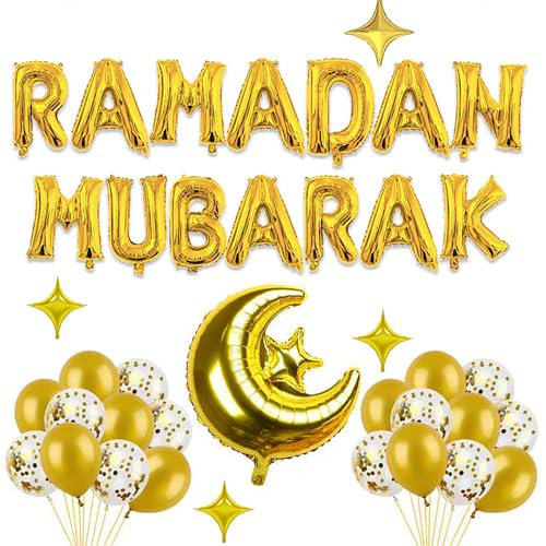 Ramadan Mubarak Gold Ballons Dekoration Set Ramadan Mubarak Banner Eid Latex Luftballons Set Torteneinlagen, Islamic ramazan Party Dekorationen für Ramadan Party Dekoration Zubehör