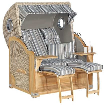 Sonnenpartner SunnySmart Garten-Strandkorb Rustikal 500 Plus Teak Comfort 3/4-Liegemodell 2-Sitzer XL antikweiß/grau/Taupe