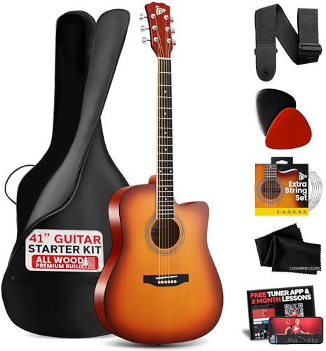 Pyle Steel String Acoustic Guitar Kit, 4/4 Full Size Cutaway All-Wood Guitarra Acustica with Premium Accessory Set and Upgraded Gig Bag, 41 Cherry Burst Glossy
