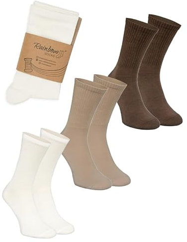 Rainbow Socks - Baumwolle Socken - Bequeme Schöne Weiche Damen Herren Alltagssocken - 3 Paar - Set aus Braunen Beige und Weißen Socken - Comfortable Non-pressing Crew Socks - Größen 36-38