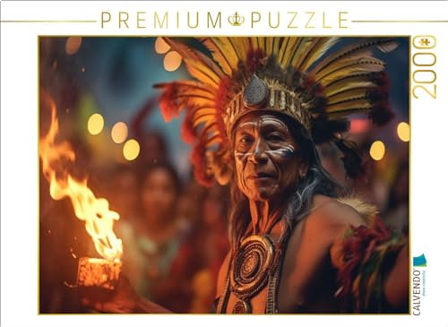 CALVENDO Puzzle Feuerschatten: Indianischer Häuptling in mächtiger Beschwörung | 2000 Teile Lege-Größe 90 x 67 cm Foto-Puzzle für glückliche Stunden