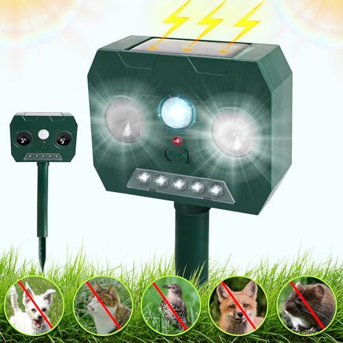 Zucklight Cat Repellent, 2 PCS Solar Powered Animal Scarer, Ultrasonic Fox Repellent, Quick Fix Ultrasonic Cat Scarer with Ground Stake, Waterproof Motion Sensor Led Flashing Light Repellent