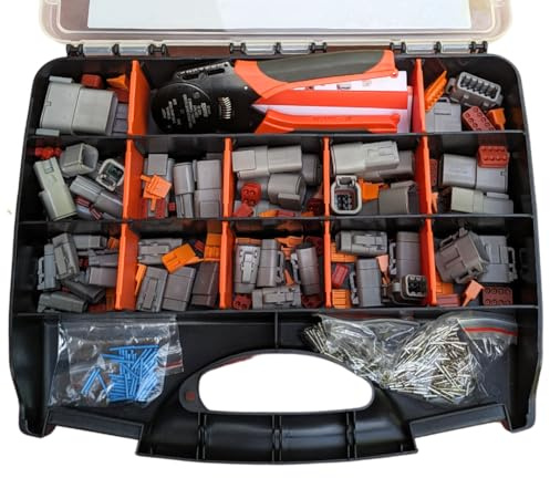 47pcs Deutsch DTM Connector Assortment Box & Terminal Crimp Tool - 12, 8, 6, 4, 3 & 2 Pin Electrical Plug Set - Complete Kit with Male & Female Connectors, Pins, Seals, Lock Wedges & Crimping Tool
