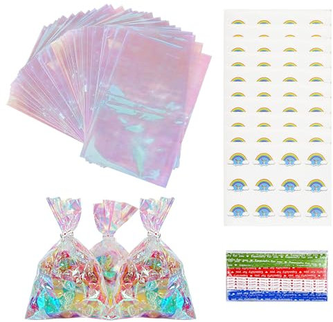 120 Stück Durchsichtige Cellophantüten Set, 15.1 x 10 cm OPP Geschenktüten Plätzchen, Kekstüten Transparent Bunt mit Krawatten und Runden Aufklebern, Süßigkeiten Bonbons Tüten für Bäckerei Kekse