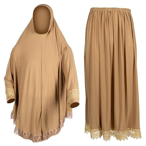 Zweiteiliger Einfarbig Lose Muslimisches Kleid,Islamische Gebetskleidung für Frauen,Fledermaus Ärmel Langarm mit Spitze, kopftuch und Rock, Hijab Kleid, Abaya, Khimar