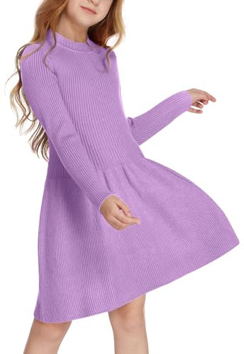 Arshiner Robe Pull pour Fille Automne Hiver Robe tricotée à Manches Longues Robe Patineuse évasée Ligne A Uni Robe décontractée pour Enfant Violet 150