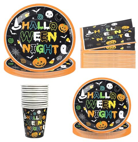 ZPSOSPZ 96pcs Halloween Party Tableware Set, Halloween Theme Tableware, Dia De Los Muertos Tableware of The Halloween Including Halloween Plates, Paper Cups, Paper Towels, tablecloths Party Supplies