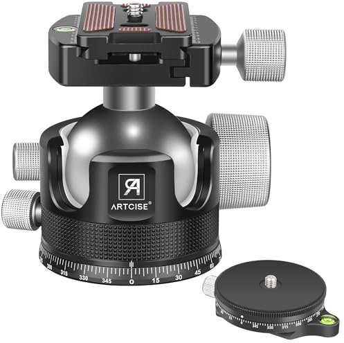 ARTCISE KB55 Kugelkopf mit niedrigem Profil, 55 mm, robuster Stativkopf, aus Metall, CNC-Bearbeitung mit 360°-Panorama-Arca-Typ-QR-Platte für Stativ, maximale Traglast 40 kg