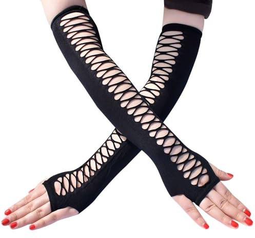 Women Girls Halloween Over Knee Long Hollow Out Thigh High Socks Arm Sleeve Gloves Sweet Cute Mesh Nylon Overknee Socks (Gloves)