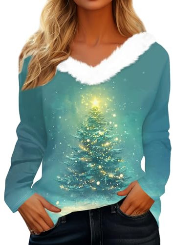 Generisch Weihnachtsbluse Damen, Kuschel Lang Weihnachtshoodie Weihnachts Tshirt Damen, Pailletten Christmas Hässlicher Weihnachtspullover Schickes Weihnachtskleid s e, Zyan M