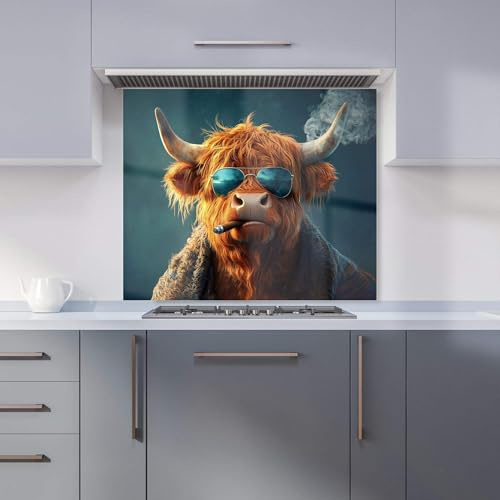Premium Highland Cow With Glasses Kitchen Splashback 6mm Toughened Glass Kitchen Splashback – Heat Resistant Splashback for Kitchens, Perfect for Cookers and Hobs, Polished Edges
