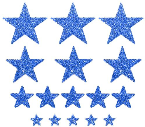 sourcing map 16 Pieces Iron on Patches Star Rhinestone Appliques Glitter Embroidered Patches Blue Iron on Rhinestones for Clothes DIY Crafts Bag Hat Pants in 4 Size