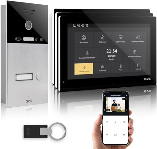 GVS - IP Video Türsprechanlage mit Türöffner, RFID Zugang, HD Kamera, 3X 10 Zoll Monitor & App - Smarte Video Türklingel mit Kamera & Gegensprechanlage für 1 Familienhaus (AVS5521U)