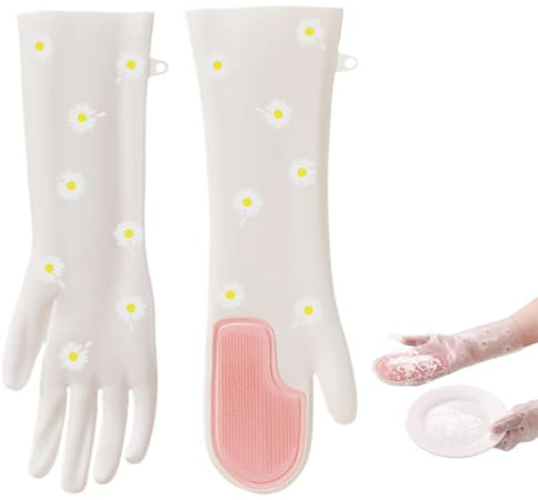 Gants vaisselle, Gants menage, Gants de Vaisselle avec Brosse - Gants Ménage Lavables à Motif Pâquerettes Roses - Lot de 1 Paire pour Nettoyage et Travail
