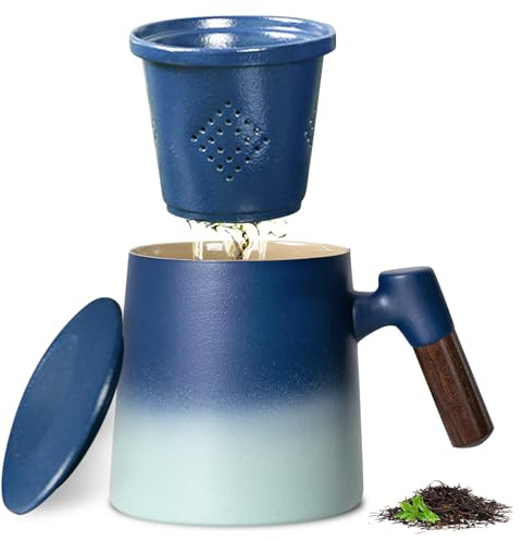 Teetasse Mit Deckel Und Sieb, 420ml Teetasse Mit Teesieb Und Deckel, Holzgriff Teebecher, Matte Keramik Teetassen, Teetasse Mit Sieb, Tee Tasse (Farbverlauf blau)