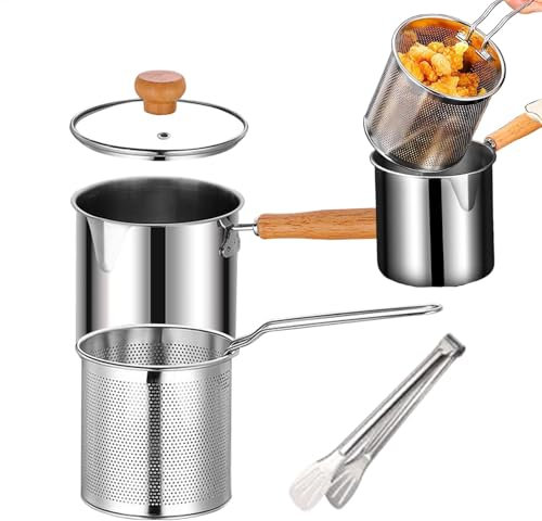 Pentola per friggitrice con cestello filtrante, in acciaio inox, friggitrice con manico in legno, padella per friggitrice ad olio profonda, friggitrice per friggitrice per friggere pesce,