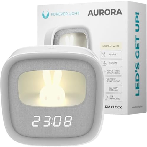 FOREVER Light LED Kinderwecker FNL‑06 Aurora | Nachtlicht mit LED Häschen | 1200 mAh Akku, USB‑C, 3 Alarme & Snooze | Geräuschlos & dimmbar | Weiß – Quadratisch & Modern