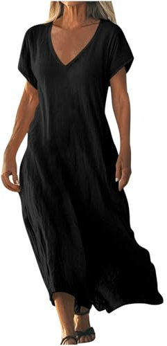 Robe Femme en Coton Lin Pas Cher Robe Chic et Elegant Soldes Robes d'été à Manches Courtes à Col en V de Couleur Unie Robes de Plage Fluide Swing Décontractée