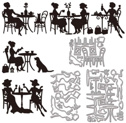 GLOBLELAND Stanzformen „Afternoon Tea Lady“ für DIY-Scrapbooking Metall Frauen Tisch Stuhl Stanzformen Katze Hund Stanzungen für Kartenherstellung Prägung Fotoalbum Basteldekor