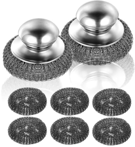 Lot de 8 éponges en acier inoxydable - 2 tampons de nettoyage avec 6 laine d'acier de rechange - Nettoyage efficace pour casseroles et poêles - Durable et résistant à la rouille