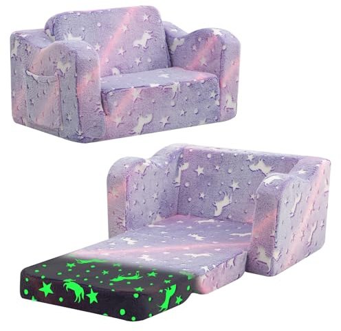MeMoreCool Kinder-Couch-Sofa, zusammenklappbarer Kleinkindstuhl, Bett, weicher Plüsch, ausklappbar, Kindersessel, Sofa, leuchtet im Dunkeln, bequeme Baby-Liege für Mädchen und Jungen, lila Einhorn