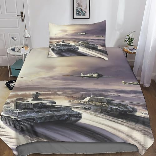 DAFUfbw WW2 Panther Panzer Bettwäsche Set Single（135x200cm）, Tiger I Bettbezug Mit Kissenbezüge: 80 X 80cm, 3D Tiger I Muster Bed Sets