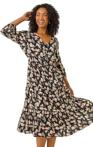 Roman Petite Floral Tiered Midi Dress for Women UK - Ladies Everyday Autumn Winter V-Neckline Comfy Soft Evening Vacation Work Party Night Out - Petite Black - Size 18
